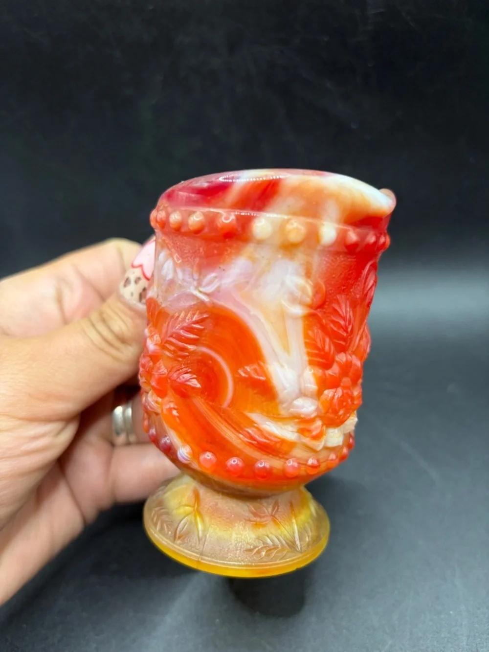 Vintage Marbled Slag Glass Creamer Floral Motif Mini Pitcher Jug Vessel Decor